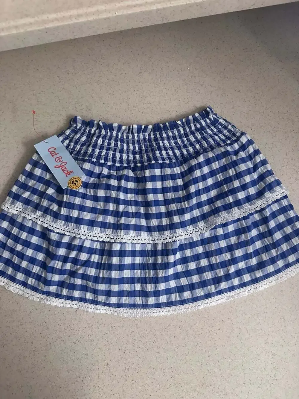 Cat & Jack Girls Blue Gingham Tiered Smocked Skirt Size XS (4/5)